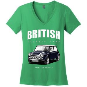 British Classic Car Dark Blue Mini Sports Car Women's V-Neck T-Shirt