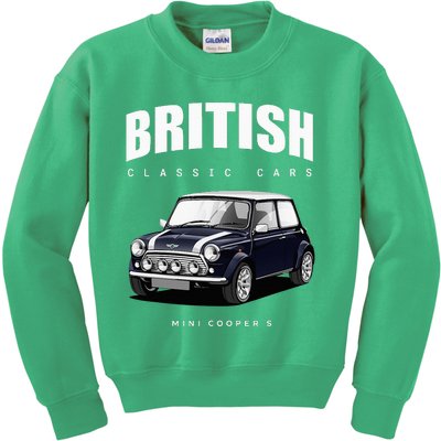 British Classic Car Dark Blue Mini Sports Car Kids Sweatshirt