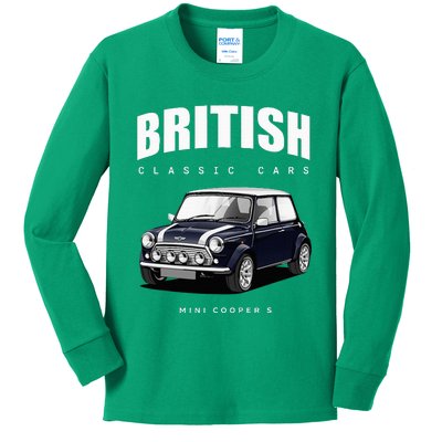 British Classic Car Dark Blue Mini Sports Car Kids Long Sleeve Shirt