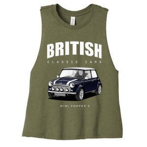 British Classic Car Dark Blue Mini Sports Car Women's Racerback Cropped Tank