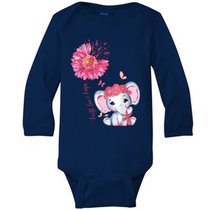 Breast Cancer Cute Elephant With Sunflower And Pink Ribbon Baby Long Sleeve Bodysuit