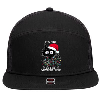 Black Cat christmas It's Fine I'm Fine Everything Is Fine 7 Panel Mesh Trucker Snapback Hat