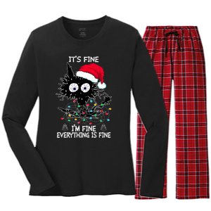 Black Cat christmas It's Fine I'm Fine Everything Is Fine Women's Long Sleeve Flannel Pajama Set 