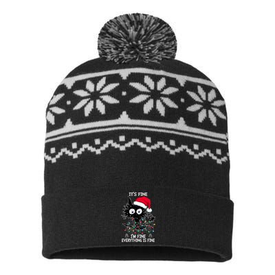 Black Cat christmas It's Fine I'm Fine Everything Is Fine USA-Made Snowflake Beanie