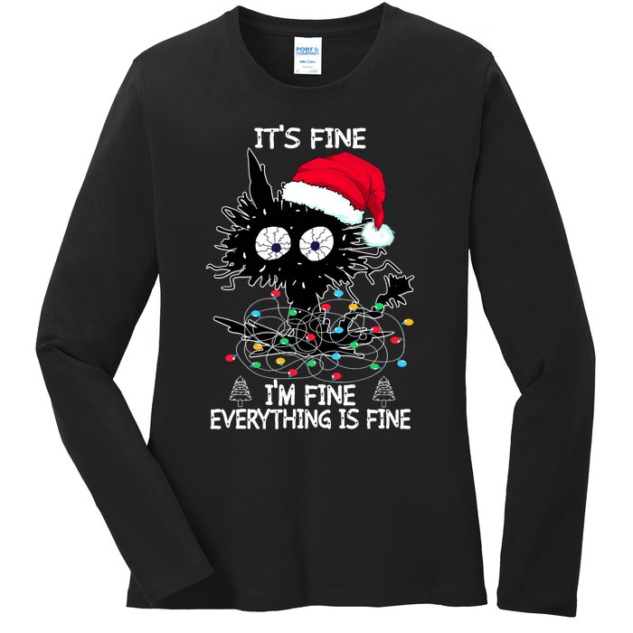 Black Cat christmas It's Fine I'm Fine Everything Is Fine Ladies Long Sleeve Shirt