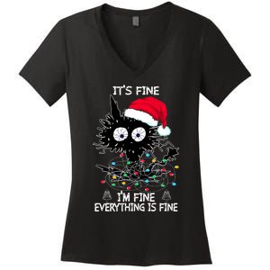 Black Cat christmas It's Fine I'm Fine Everything Is Fine Women's V-Neck T-Shirt