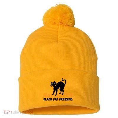 Black Cat Crossing Funny Original Halloween Party Knitwear Gift Pom Pom 12in Knit Beanie