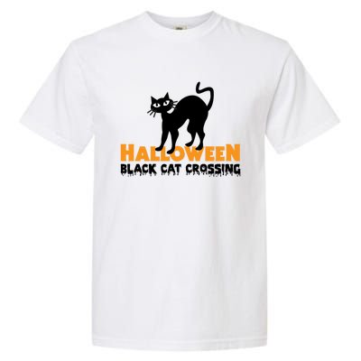 Black Cat Crossing Funny Original Halloween Party Knitwear Gift Garment-Dyed Heavyweight T-Shirt