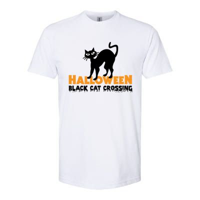 Black Cat Crossing Funny Original Halloween Party Knitwear Gift Softstyle CVC T-Shirt