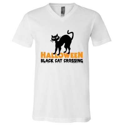 Black Cat Crossing Funny Original Halloween Party Knitwear Gift V-Neck T-Shirt