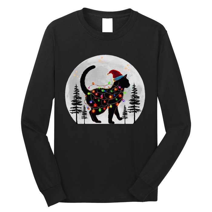 Black Cat Christmas Santa Hat Meowy Cats Long Sleeve Shirt