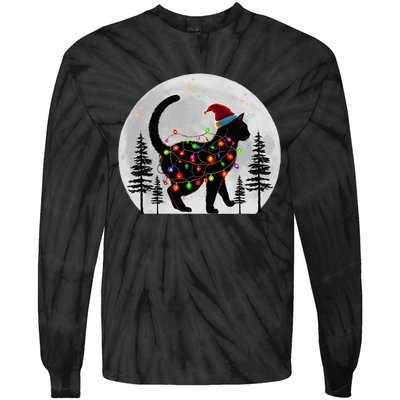 Black Cat Christmas Santa Hat Meowy Cats Tie-Dye Long Sleeve Shirt