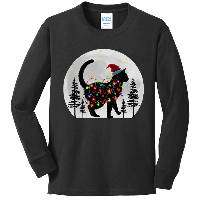 Black Cat Christmas Santa Hat Meowy Cats Kids Long Sleeve Shirt