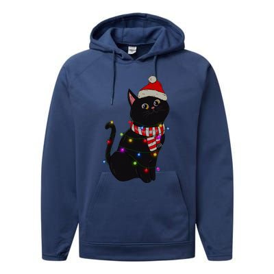 Black Cat christmas light funny cat lover christmas  Performance Fleece Hoodie