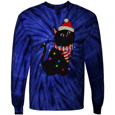 Black Cat christmas light funny cat lover christmas  Tie-Dye Long Sleeve Shirt