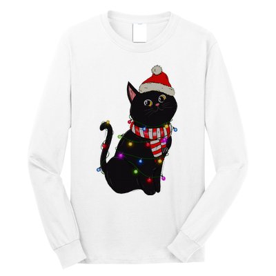 Black Cat christmas light funny cat lover christmas  Long Sleeve Shirt