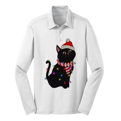 Black Cat christmas light funny cat lover christmas  Silk Touch Performance Long Sleeve Polo