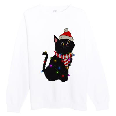 Black Cat christmas light funny cat lover christmas  Premium Crewneck Sweatshirt