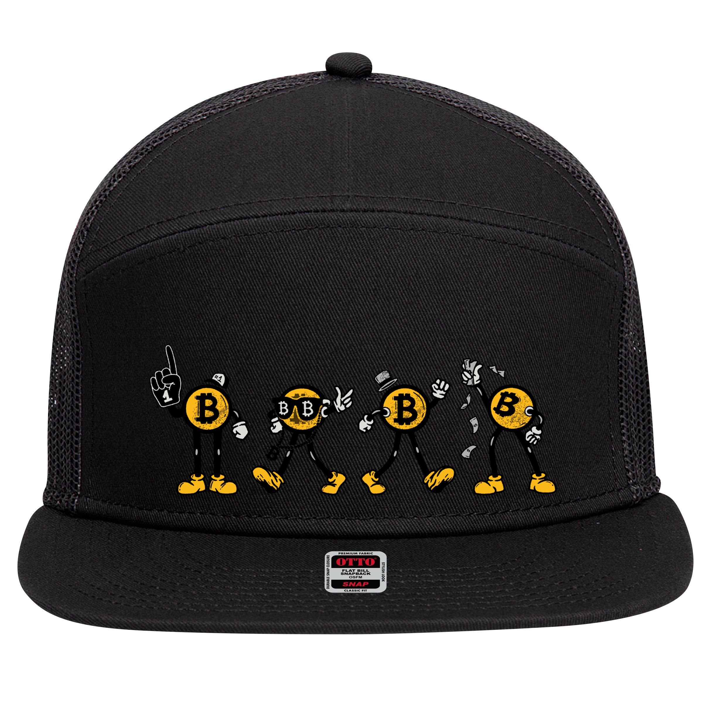 Bitcoin Cartoon Characters 7 Panel Mesh Trucker Snapback Hat