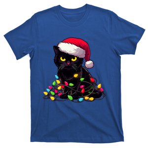 Black Cat Christmas Lights Funny Cat Lover Xmas Santa Claus Funny Gift T-Shirt