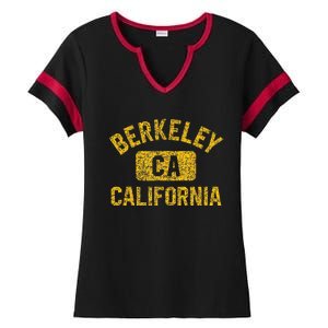 Berkeley CA California Gym Style Distressed Amber Print Ladies Halftime Notch Neck Tee