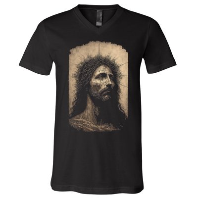 Biblical Christ Catholic Jesus Shroud of Turin Aesthetic V-Neck T-Shirt