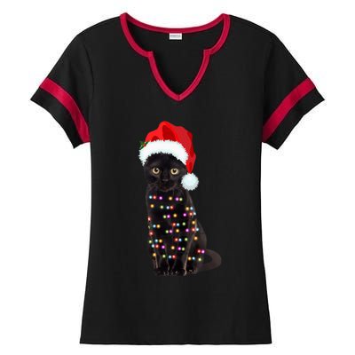 Black Cat Christmas Lights Cat Lover Christmas Gift Ladies Halftime Notch Neck Tee