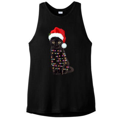 Black Cat Christmas Lights Cat Lover Christmas Gift Ladies PosiCharge Tri-Blend Wicking Tank