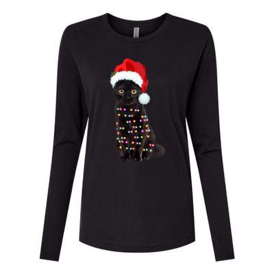 Black Cat Christmas Lights Cat Lover Christmas Gift Womens Cotton Relaxed Long Sleeve T-Shirt