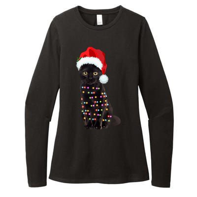 Black Cat Christmas Lights Cat Lover Christmas Gift Womens CVC Long Sleeve Shirt