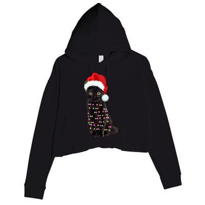 Black Cat Christmas Lights Cat Lover Christmas Gift Crop Fleece Hoodie