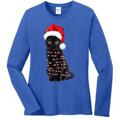 Black Cat Christmas Lights Cat Lover Christmas Gift Ladies Long Sleeve Shirt