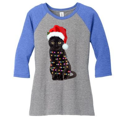 Black Cat Christmas Lights Cat Lover Christmas Gift Women's Tri-Blend 3/4-Sleeve Raglan Shirt