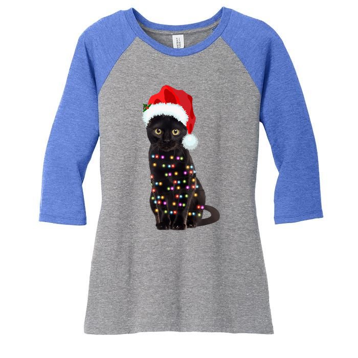 Black Cat Christmas Lights Cat Lover Christmas Gift Women's Tri-Blend 3/4-Sleeve Raglan Shirt