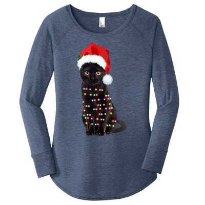 Black Cat Christmas Lights Cat Lover Christmas Gift Women's Perfect Tri Tunic Long Sleeve Shirt