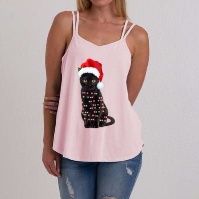 Black Cat Christmas Lights Cat Lover Christmas Gift Women's Strappy Tank