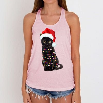 Black Cat Christmas Lights Cat Lover Christmas Gift Women's Knotted Racerback Tank