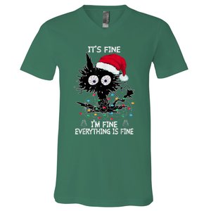 Black Cat christmas It's Fine I'm Fine Everything Is Fine V-Neck T-Shirt