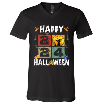 Black Cat Costume Witch Hat & Moon V-Neck T-Shirt