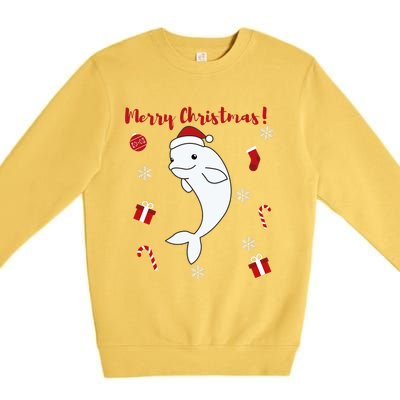 Beluga Cheerful Christmas Santas Hat Sweet Animals Whale Premium Crewneck Sweatshirt