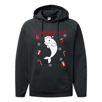 Beluga Cheerful Christmas Santas Hat Sweet Animals Whale Performance Fleece Hoodie