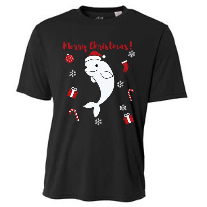 Beluga Cheerful Christmas Santas Hat Sweet Animals Whale Cooling Performance Crew T-Shirt