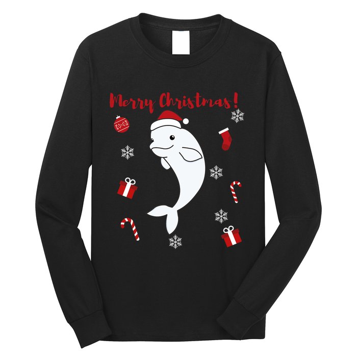 Beluga Cheerful Christmas Santas Hat Sweet Animals Whale Long Sleeve Shirt