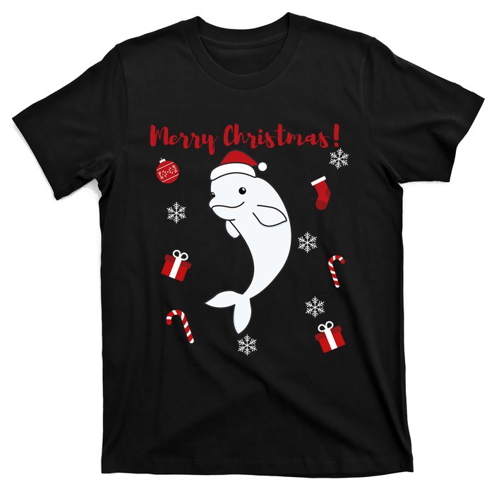 Beluga Cheerful Christmas Santas Hat Sweet Animals Whale T-Shirt