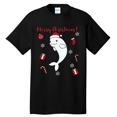 Beluga Cheerful Christmas Santas Hat Sweet Animals Whale Tall T-Shirt