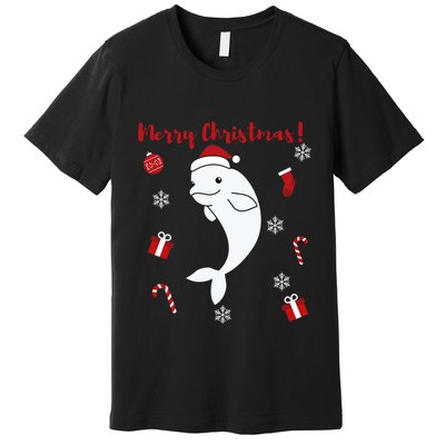Beluga Cheerful Christmas Santas Hat Sweet Animals Whale Premium T-Shirt