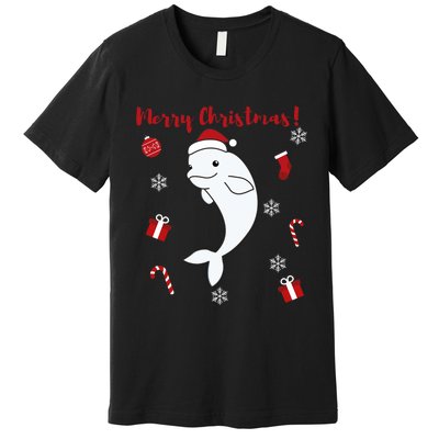 Beluga Cheerful Christmas Santas Hat Sweet Animals Whale Premium T-Shirt