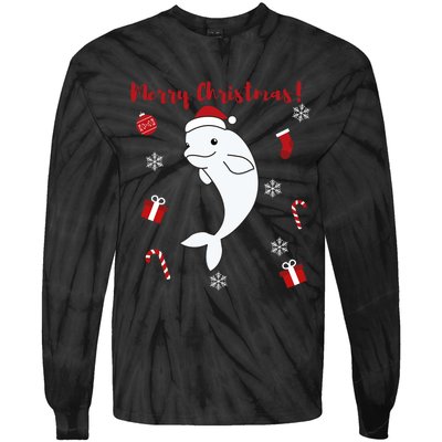 Beluga Cheerful Christmas Santas Hat Sweet Animals Whale Tie-Dye Long Sleeve Shirt