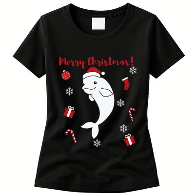 Beluga Cheerful Christmas Santas Hat Sweet Animals Whale Womens T-Shirt