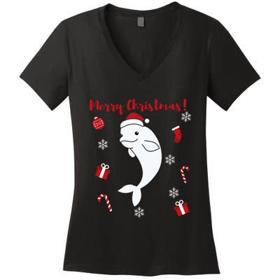 Beluga Cheerful Christmas Santas Hat Sweet Animals Whale Women's V-Neck T-Shirt